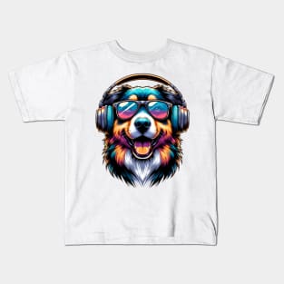 Mountain Cur as Smiling DJ with Headphones and Sunglasses Kids T-Shirt